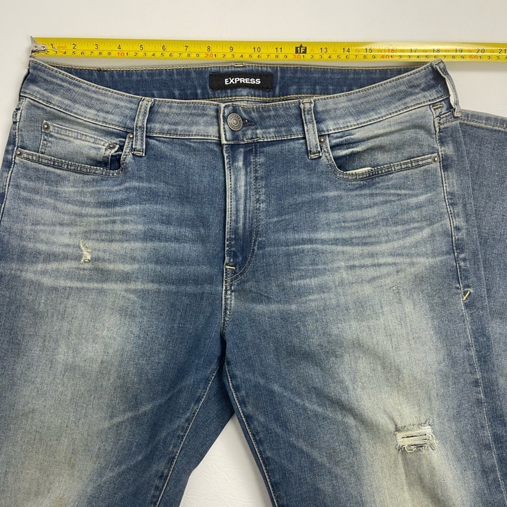 Express Hyper Stretch Distressed Slim Straight Jeans Mens 36x34 Blue - Picture 8 of 13